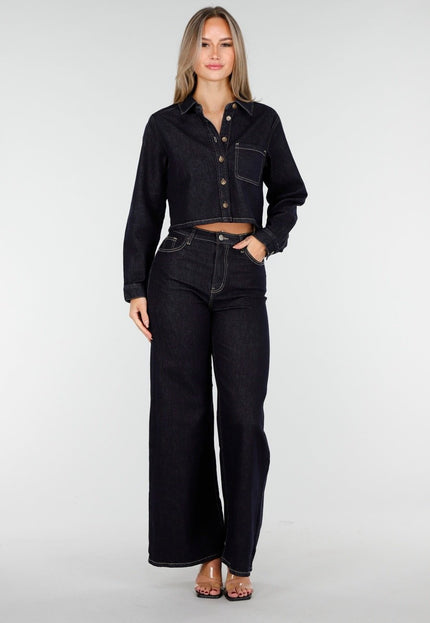 OP=OP.15.NL Hoge Taille Wide Leg Stretch Jeans in Donkerblauw