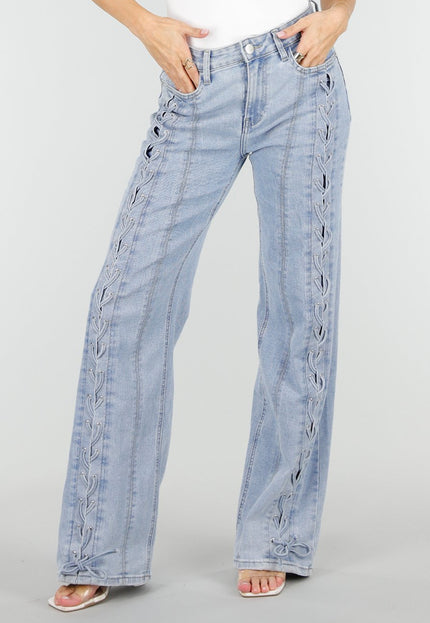 OP=OP.15.NL Lichtblauwe Wide Leg Jeans met Veterdetails