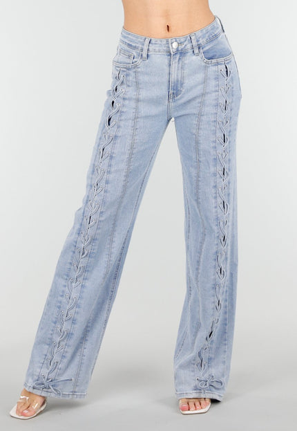OP=OP.15.NL Lichtblauwe Wide Leg Jeans met Veterdetails