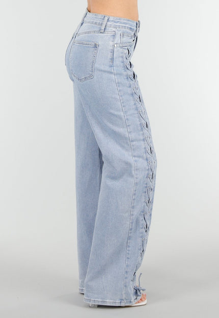 OP=OP.15.NL Lichtblauwe Wide Leg Jeans met Veterdetails