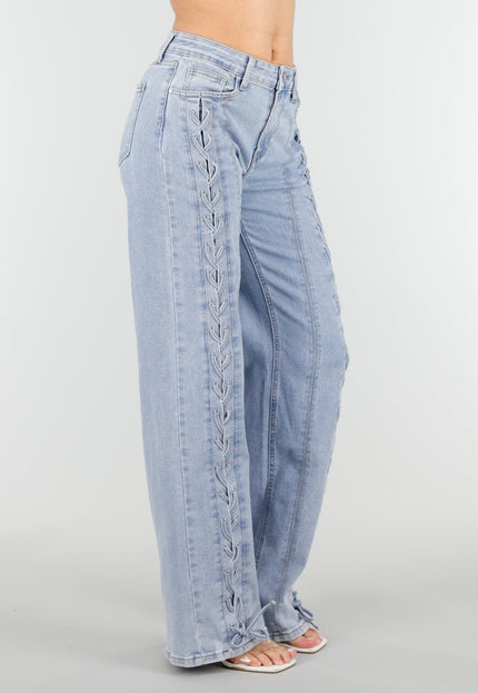 OP=OP.15.NL Lichtblauwe Wide Leg Jeans met Veterdetails