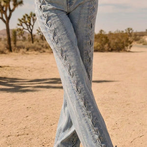 OP=OP.15.NL Lichtblauwe Wide Leg Jeans met Veterdetails