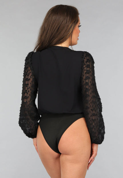 OP=OP.15.NL Zwarte Overslag Bodysuit met Powmouwen