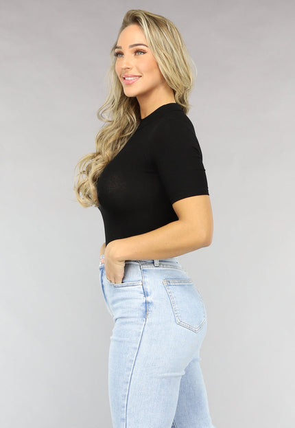OP=OP.15.NL Zwarte Ribstof Bodysuit met Hoge Hals