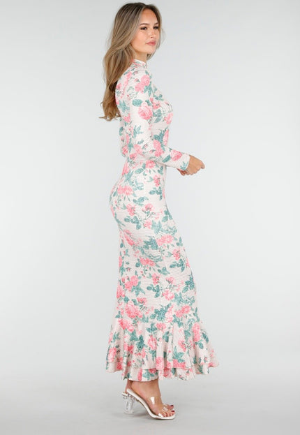 OP=OP.16.NL Maxi Jurk met Rozenprint en Stretch