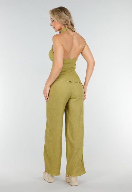 OP=OP.16.S Olijfgroene Asymmetrische Haltertop Set