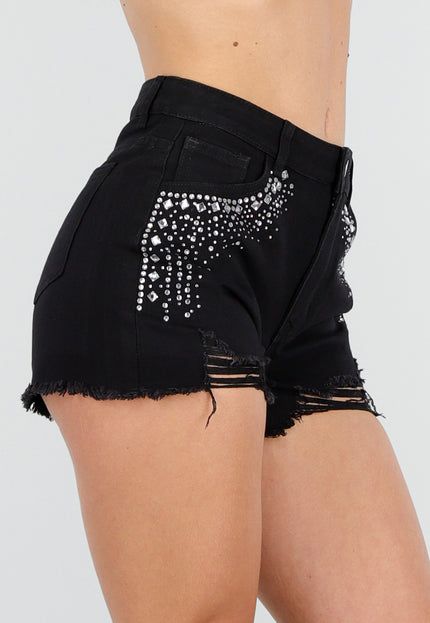 OP=OP.17.NL Zwarte Denim Short met Strass Steentjes