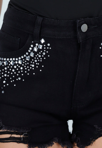 OP=OP.17.NL Zwarte Denim Short met Strass Steentjes