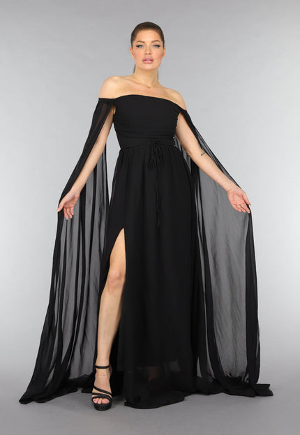 OP=OP.17.S Padded Zwarte Galajurk met Lange Chiffon Mouwen