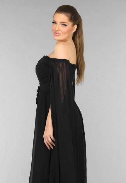 OP=OP.17.S Padded Zwarte Galajurk met Lange Chiffon Mouwen