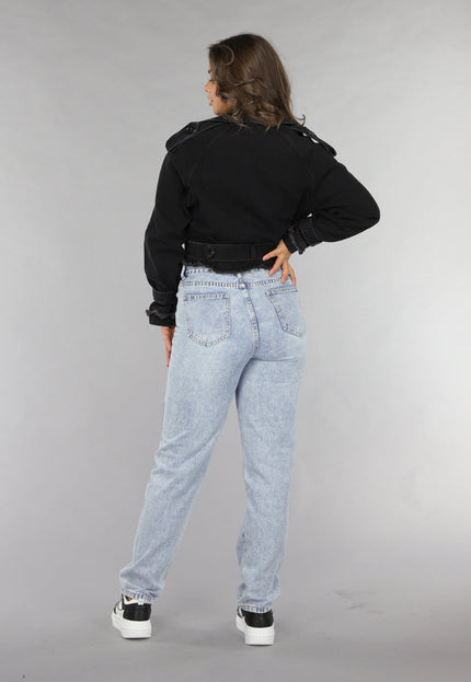 OP=OP.18.NL Cropped Zwarte Denim Jas met Gespdetails