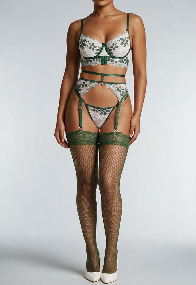 OP=OP.18.NL Groene Kanten Lingerie Set met Bloemen Patroon