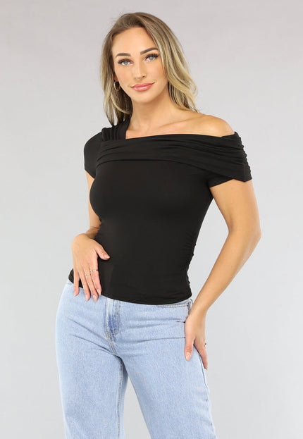 OP=OP.18.NL Zwarte Geplooide Top met Asymmetrische One Shoulder