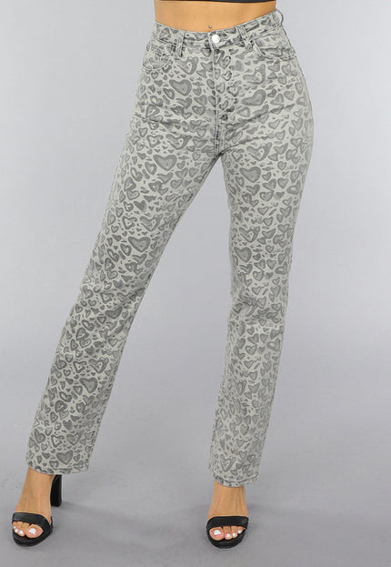 OP=OP.18.S Grijze Straight Leg Hartjes Jeans met Hoge Taille