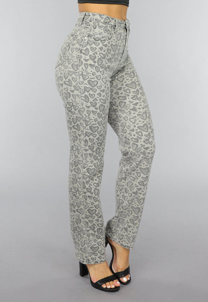 OP=OP.18.S Grijze Straight Leg Hartjes Jeans met Hoge Taille