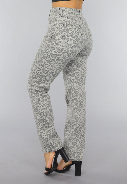 OP=OP.18.S Grijze Straight Leg Hartjes Jeans met Hoge Taille