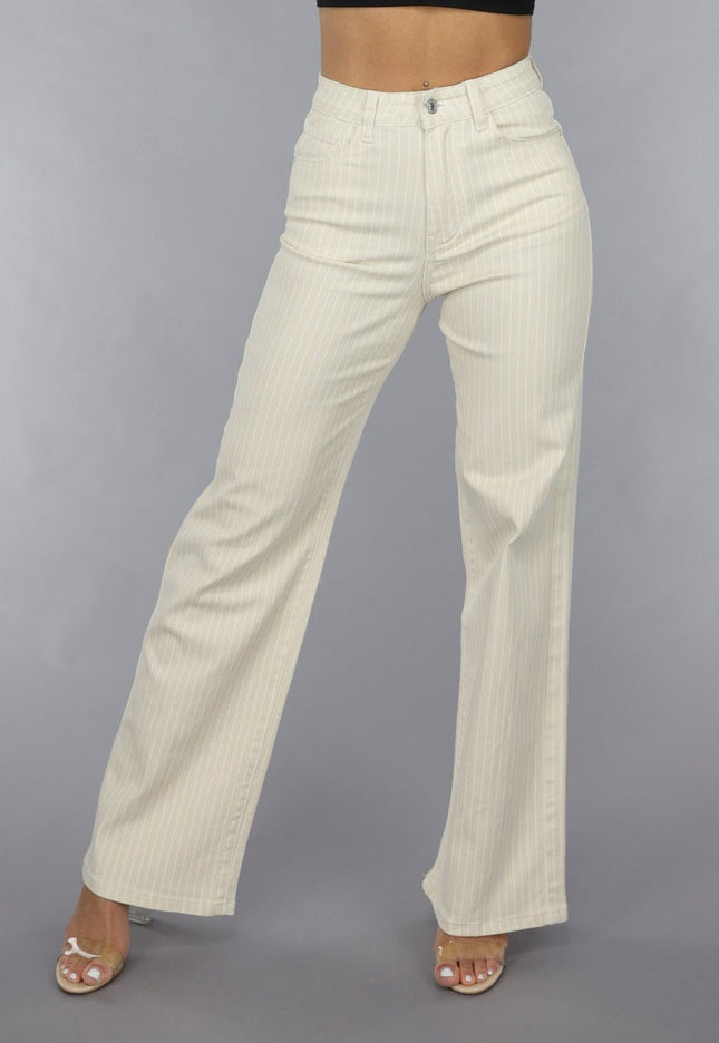OP=OP.19.NL Beige Straight Leg Jeans met Pin Stripe Print en Hoge Taille