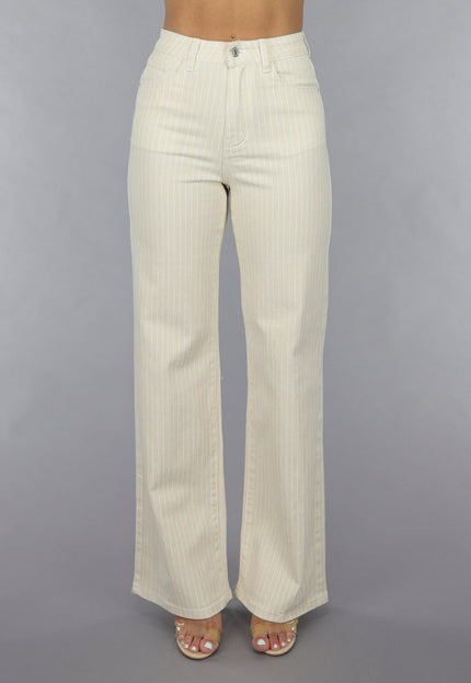 OP=OP.19.NL Beige Straight Leg Jeans met Pin Stripe Print en Hoge Taille
