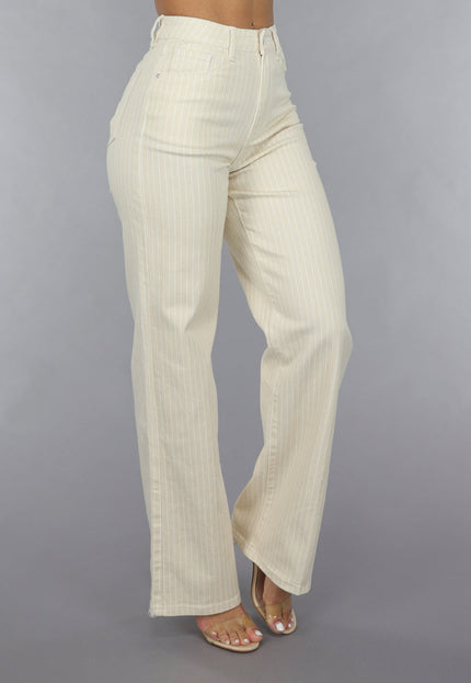 OP=OP.19.NL Beige Straight Leg Jeans met Pin Stripe Print en Hoge Taille