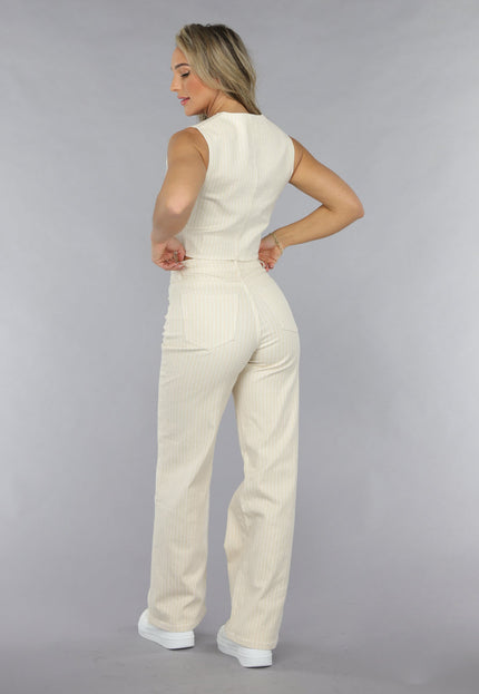 OP=OP.19.NL Beige Straight Leg Jeans met Pin Stripe Print en Hoge Taille
