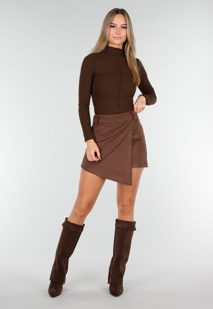 OP=OP.19.NL Bruine Asymmetrische Suede Stretch Skort