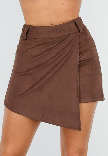 OP=OP.19.NL Bruine Asymmetrische Suede Stretch Skort