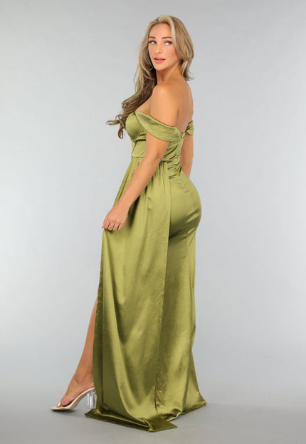 OP=OP.19.NL Olijfgroene Satijnen Off Shoulder Galajurk