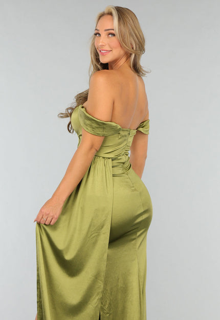 OP=OP.19.NL Olijfgroene Satijnen Off Shoulder Galajurk