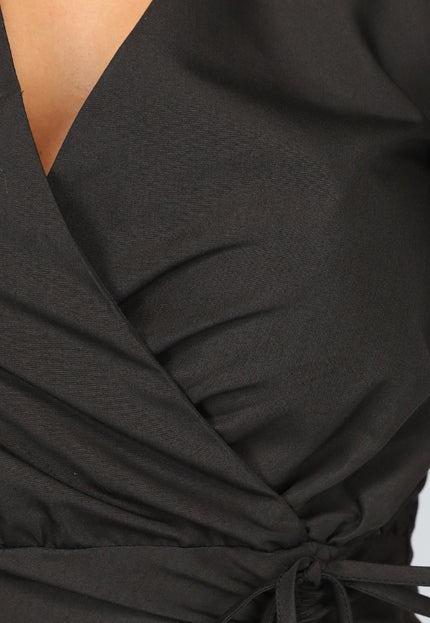 OP=OP.19.NL Zwarte Geplooide Overslag Jurk met Pofmouwen