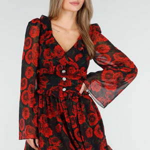 OP=OP.19.S Mini Jurk met Rode Rozenprint