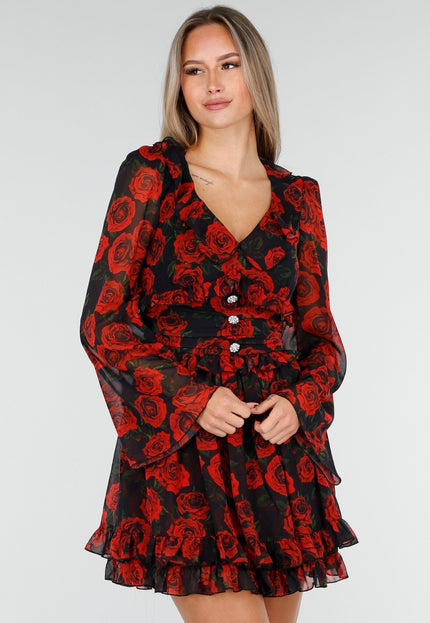 OP=OP.19.S Mini Jurk met Rode Rozenprint
