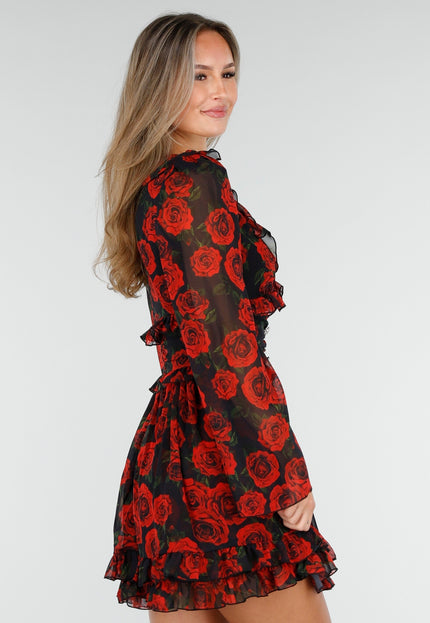 OP=OP.19.S Mini Jurk met Rode Rozenprint