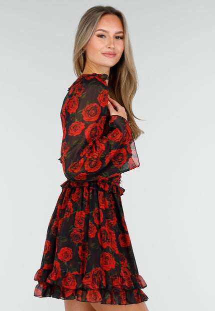 OP=OP.19.S Mini Jurk met Rode Rozenprint
