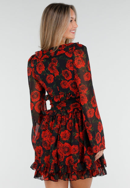 OP=OP.19.S Mini Jurk met Rode Rozenprint