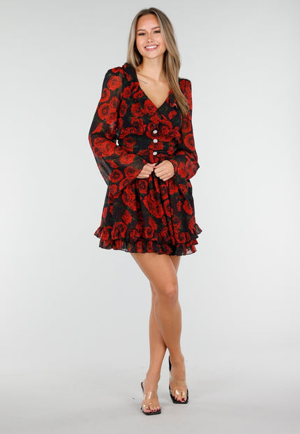 OP=OP.19.S Mini Jurk met Rode Rozenprint