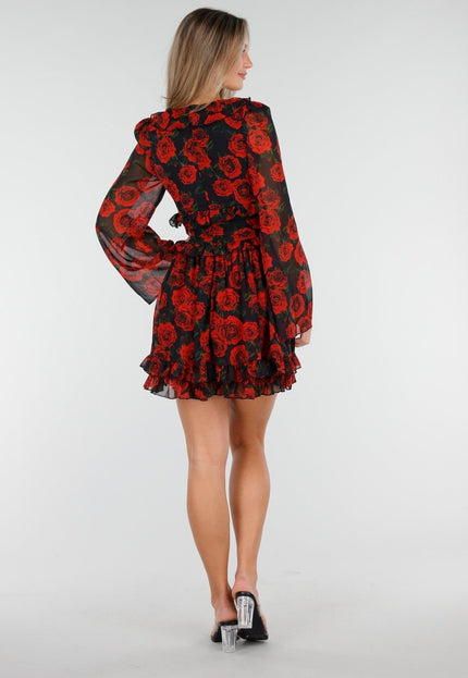 OP=OP.19.S Mini Jurk met Rode Rozenprint