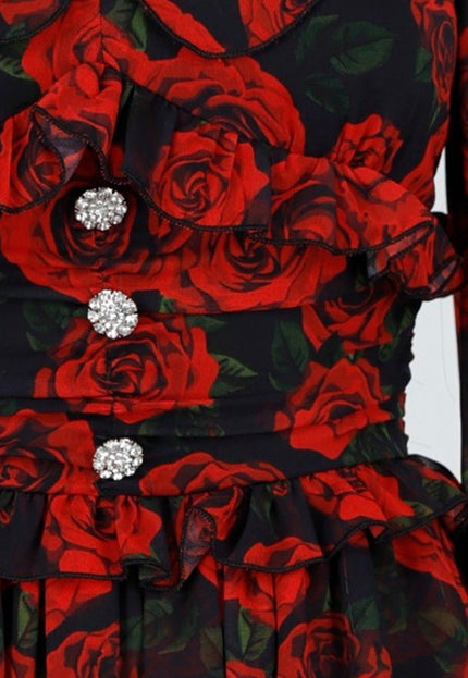 OP=OP.19.S Mini Jurk met Rode Rozenprint