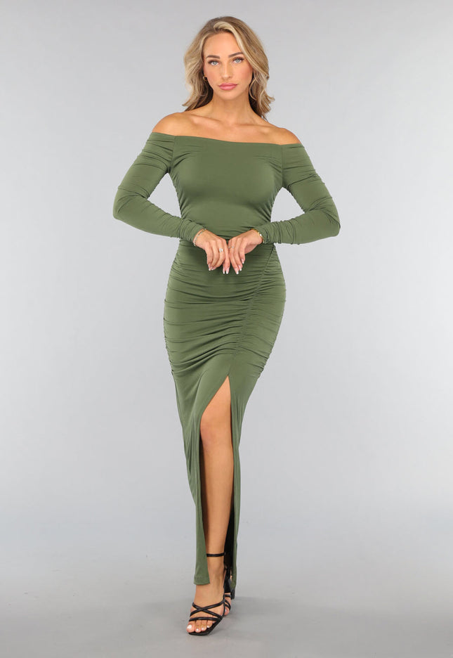 OP=OP.20.NL Donkergroene Geplooide Lange Jurk