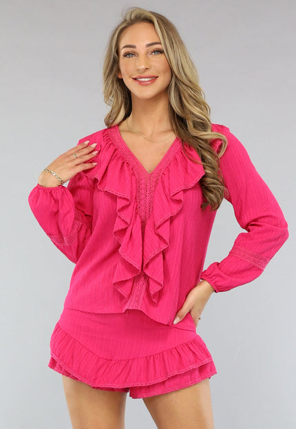 OP=OP.21.NL Fuchsia Ibiza Co Ord Set met Ruches