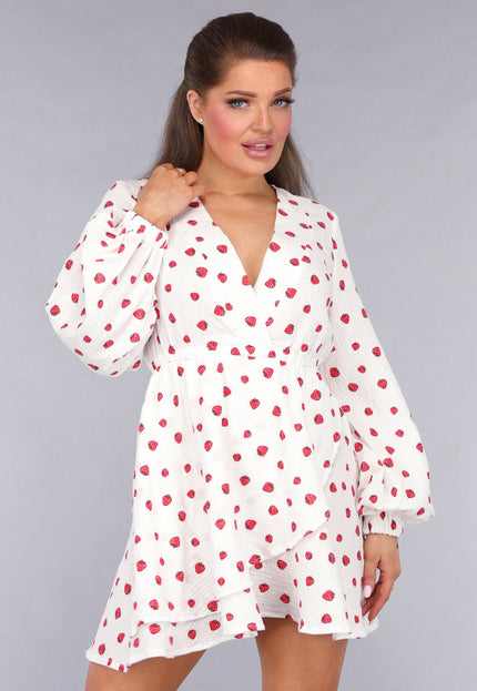 OP=OP.21.NL Witte Mousseline Overslag Jurk met Aardbeien