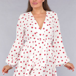 OP=OP.21.NL Witte Mousseline Overslag Jurk met Aardbeien