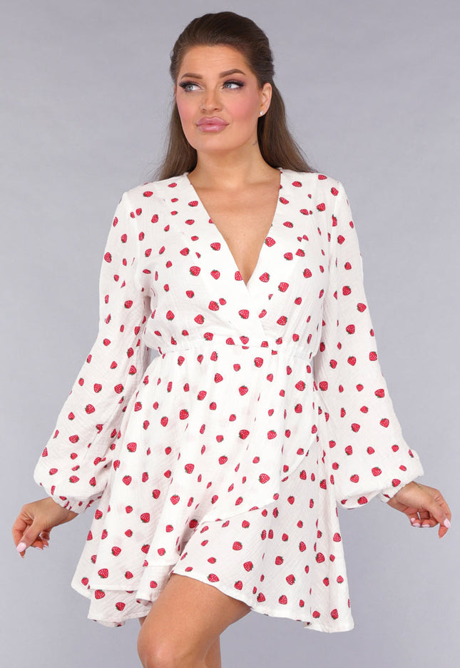 OP=OP.21.NL Witte Mousseline Overslag Jurk met Aardbeien