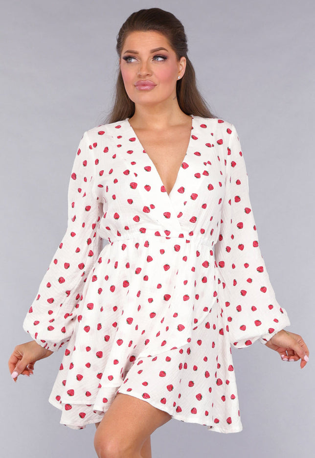 OP=OP.21.NL Witte Mousseline Overslag Jurk met Aardbeien