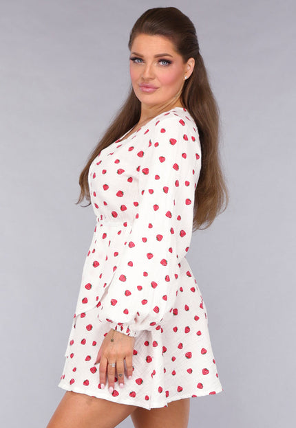 OP=OP.21.NL Witte Mousseline Overslag Jurk met Aardbeien