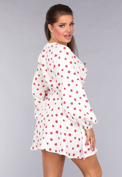 OP=OP.21.NL Witte Mousseline Overslag Jurk met Aardbeien