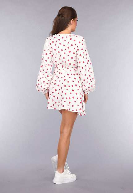 OP=OP.21.NL Witte Mousseline Overslag Jurk met Aardbeien