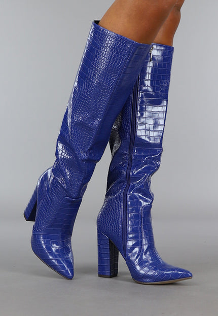 OP=OP.21.S Donkerblauwe Croco Laars met Spitse Neus