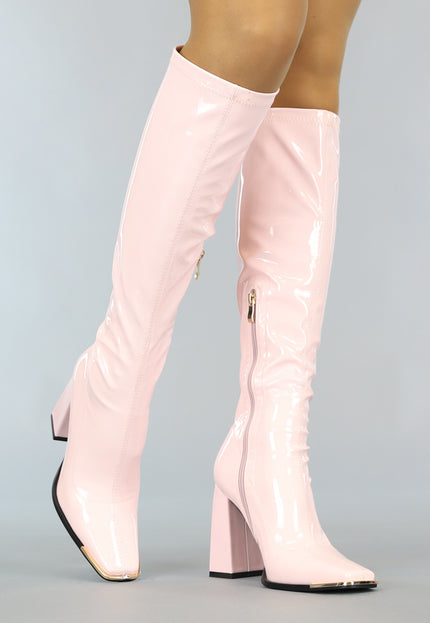 OP=OP.21.S Lichtroze Lak Laarzen met Stevige Hak