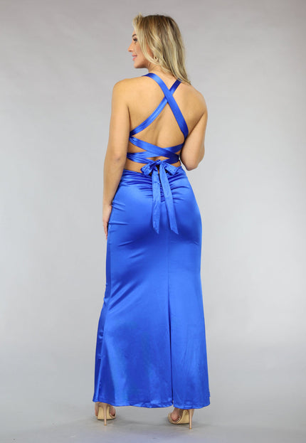 OP=OP.22.NL Lange Satijnen Kobalt Blauwe Avondjurk met Split