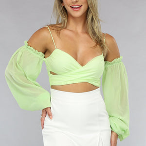 OP=OP.22.NL Off Shoulder Chiffon Topje in Lichtgroen